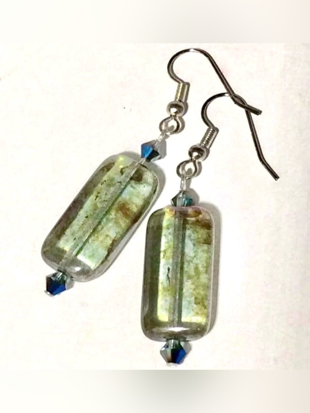 Vintage Green Blue Gold Luster Glass Long Rectangle and Crystal Dangle Earrings
